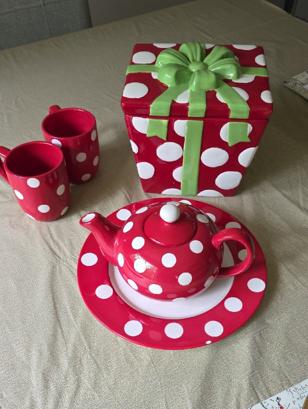 Red Polka Dot Ceramic Teapot Set with Matching Plate and Mugs